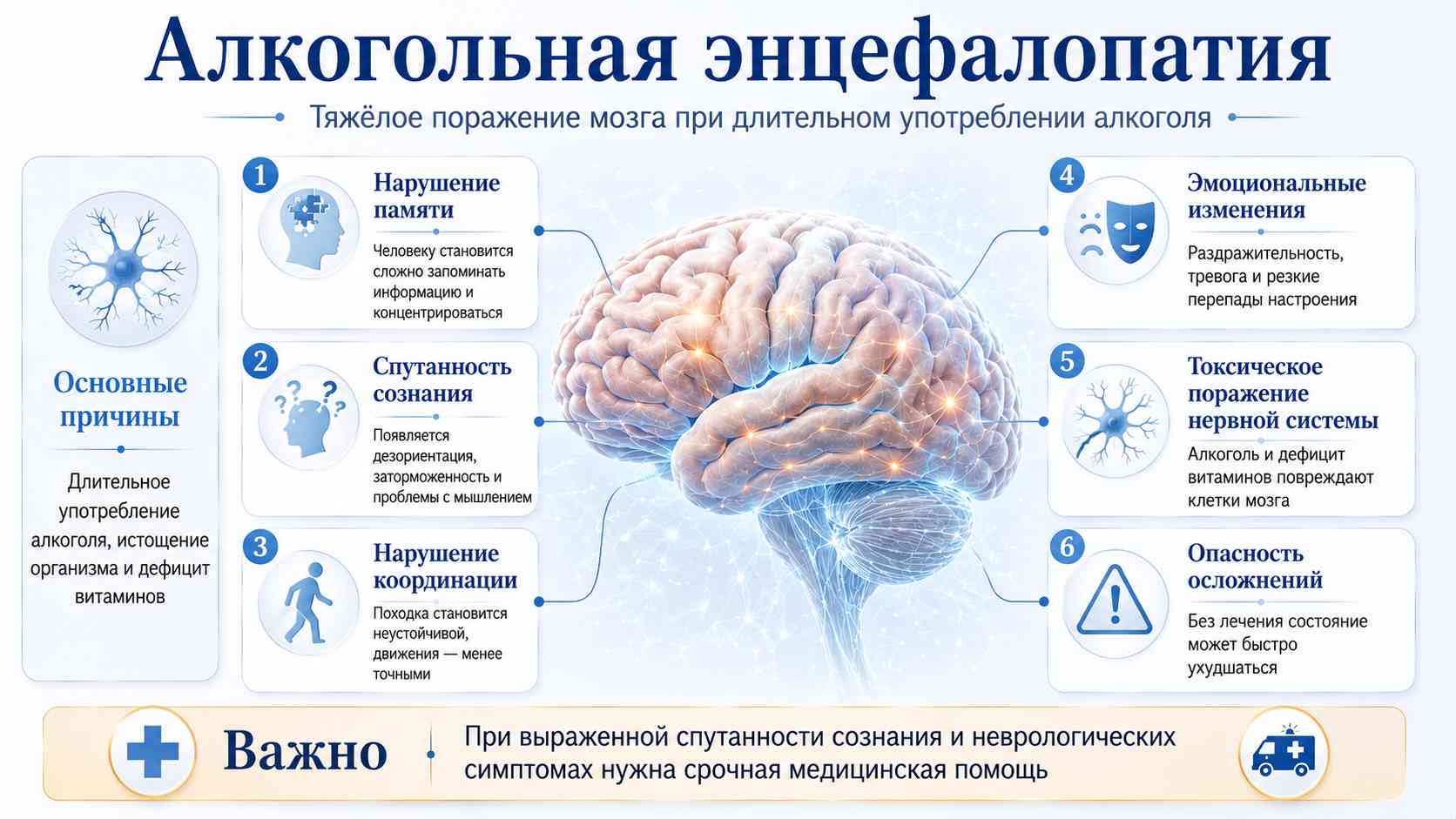 Алкогольная энцефалопатия — тяжёлое поражение мозга при длительном употреблении алкоголя Медицинская инфографика об алкогольной энцефалопатии: нарушение памяти, спутанность сознания, нарушение координации, эмоциональные изменения, токсическое поражение нервной системы и опасность осложнений.