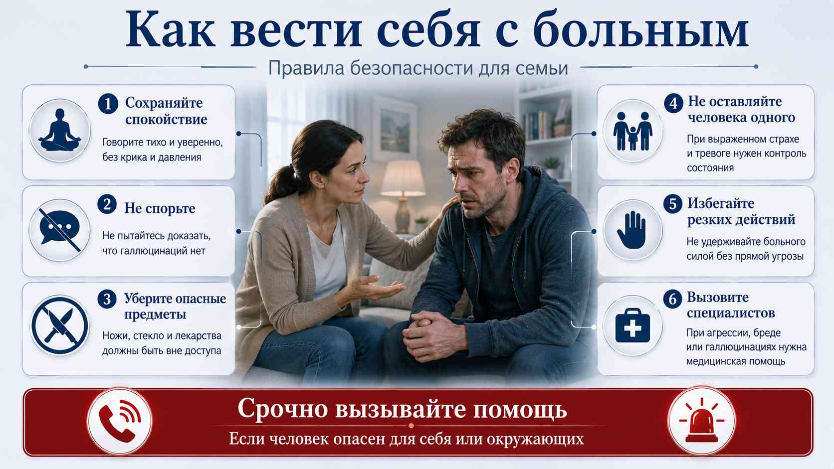 Как вести себя с больным — правила безопасности для семьи Медицинская инфографика для родственников о безопасном поведении при алкогольном галлюцинозе: сохранять спокойствие, не спорить, убрать опасные предметы, не оставлять человека одного, избегать резких действий и вызывать специалистов.
