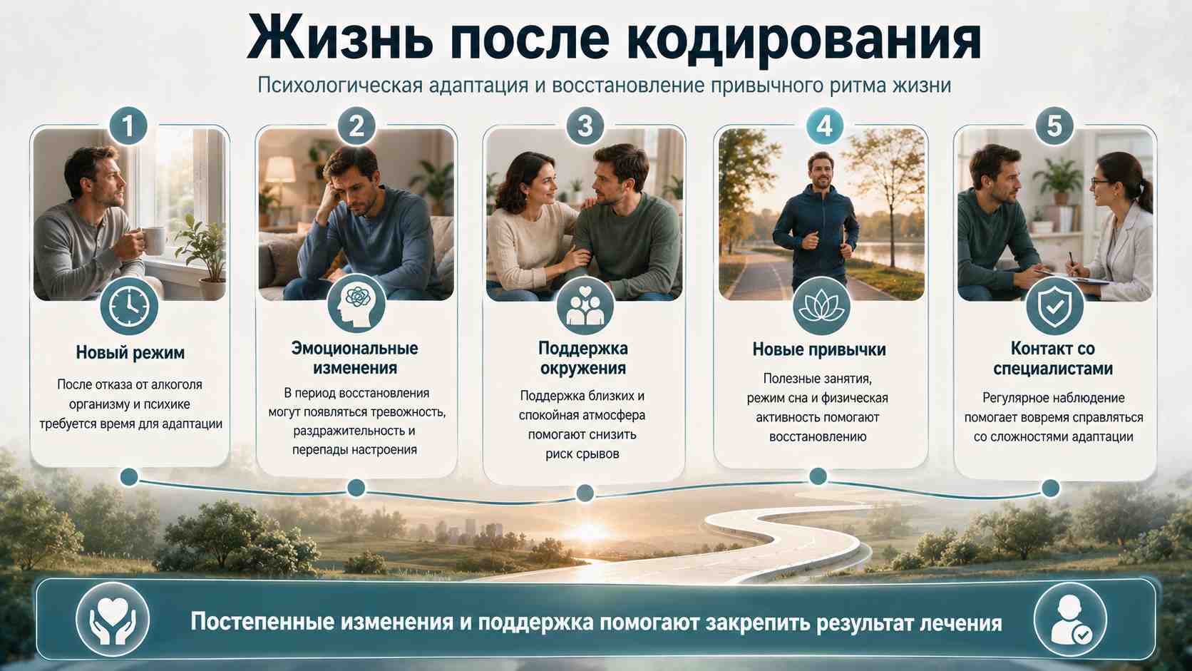 Жизнь после кодирования — психологическая адаптация и восстановление привычного ритма жизни Инфографика о жизни после кодирования: психологическая адаптация, поддержка близких, новые привычки и восстановление стабильного ритма жизни после отказа от алкоголя